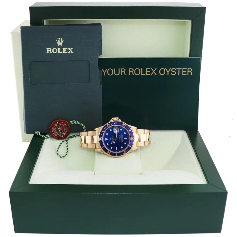 MINT 2005 Rolex 16618 Submariner Yellow Gold Sunburst Blue 40mm No Hole Case - 8
