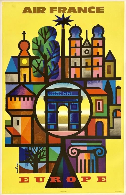 Original Vintage Poster AIR FRANCE EUROPE Airline Travel Tourism LINEN: Condition: Used,Type: Poster,Airline: Air France,Country of Origin: France,Modified Item: No Condition: Very Good / Good * (linen backed; corner staple holes; some surface paper loss and