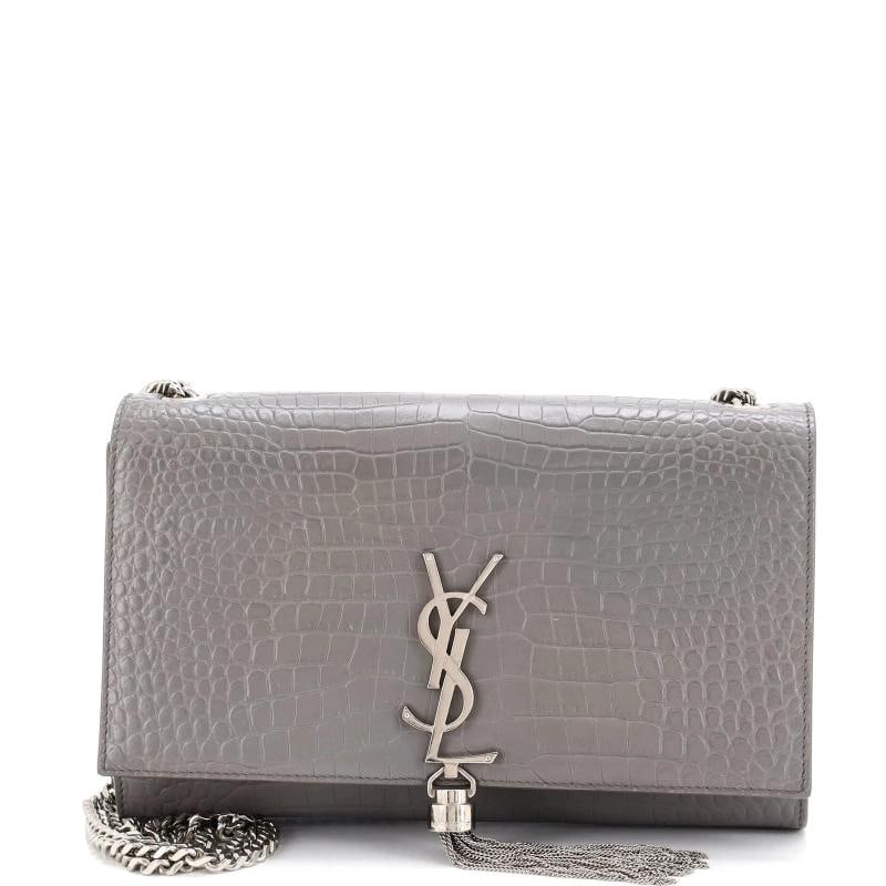 Saint Laurent Classic Monogram Tassel Crossbody Bag Crocodile Embossed Leather: Measurements: Handle Drop 10", Height 6", Width 9.5", Depth 2", Strap Drop 19" . Condition: Pre-owned - Good,Brand: Saint Laurent,Exterior Material: Leather,Style: Cross Body Bags,Exterior Color: Gray