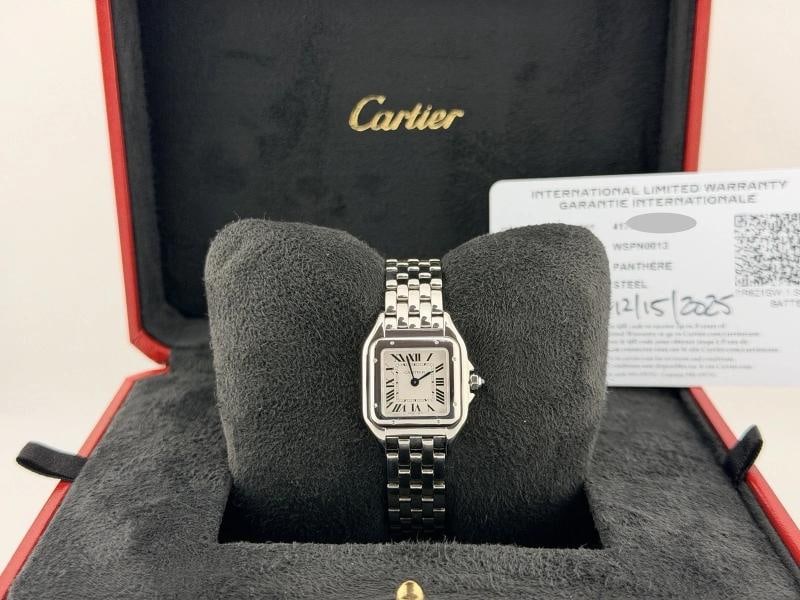 2025 Cartier Panthere Small WSPN0013 4177 22mm Stainless Steel Box Paper: Style Number: WSPN0013 / 4177 Year: 2025 Model: Cartier Panthere Small Case Material: Stainless Steel Band: Stainless Steel Bezel: Stainless Steel Dial: Silver Roman Dial Crystal: Sapphire Case Size: