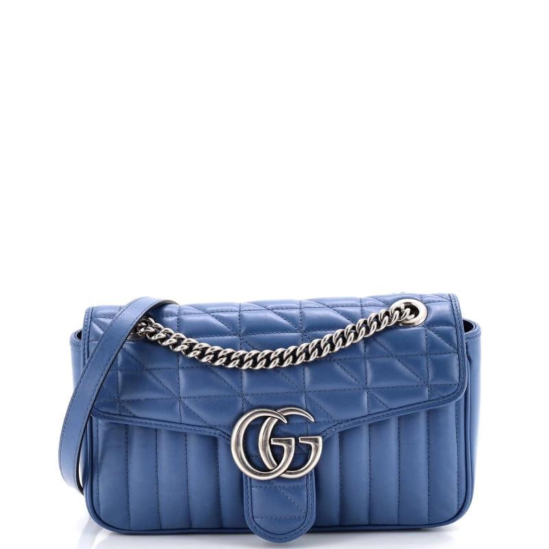 Gucci GG Marmont Flap Bag Mixed Matelasse Leather Small: Measurements: Height 6", Width 9.5", Depth 3" . Condition: Pre-owned - Good,Brand: Gucci,Exterior Material: Leather,Style: Shoulder Bags,Exterior Color: Blue,Department: Women,Size: Small