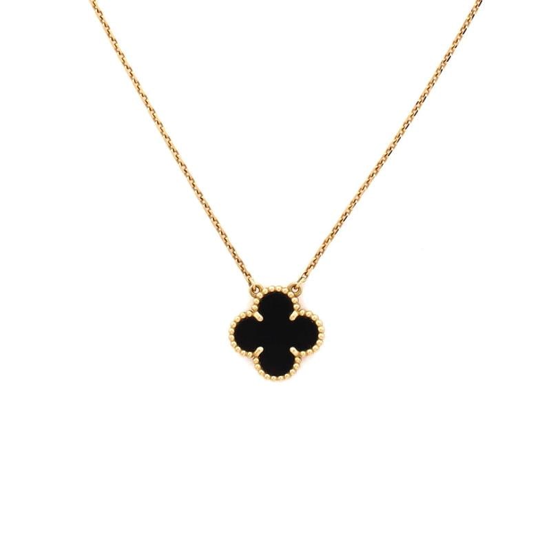 Van Cleef & Arpels Vintage Alhambra Pendant Necklace 18K Yellow Gold and Onyx: Measurements: Length: 14.75 - 16.5 ", Pendant Length: 15.05 mm, Pendant Width: 14.70 mm . Condition: Pre-owned - Good,Brand: Van Cleef & Arpels,Main Stone: Onyx,Metal: 18K Yellow Gold,Metal Purity: 18