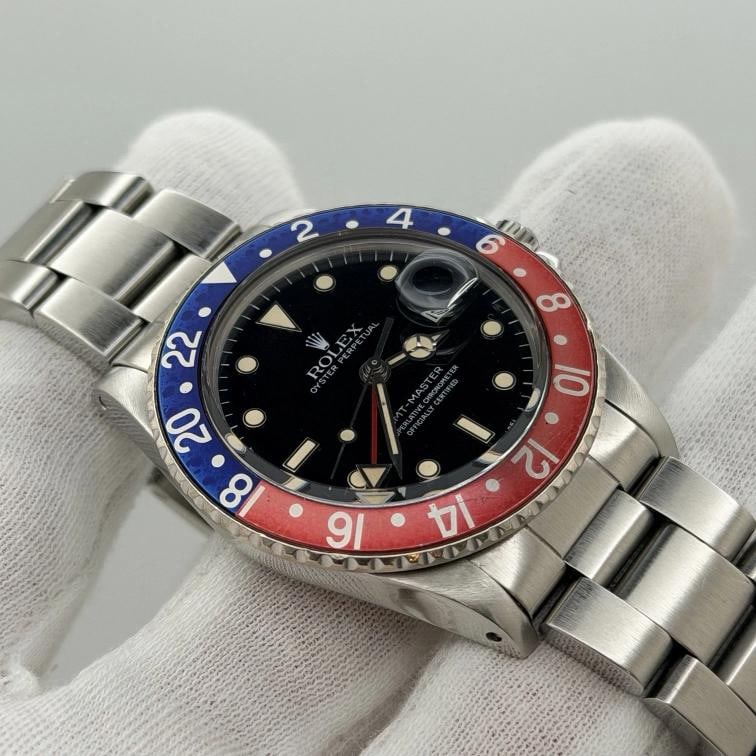Rolex GMT Master Pepsi 16750 40mm Patina Dial Red Blue Bezel Steel Box Paper - 5