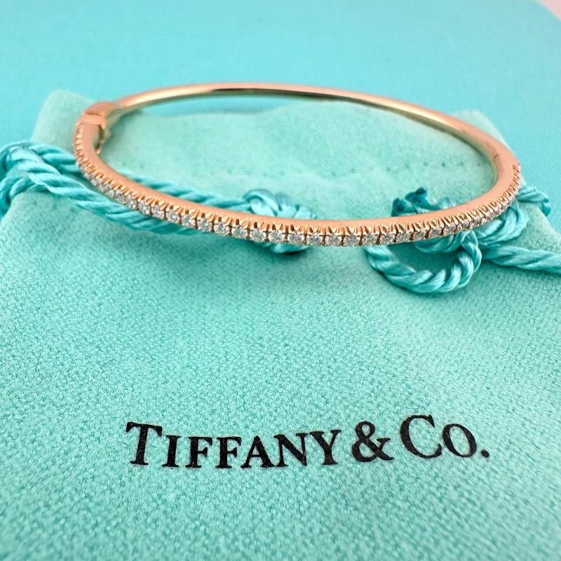 Tiffany & Co 18k Rose Gold Diamond Metro Hinged Bangle Bracelet - 3