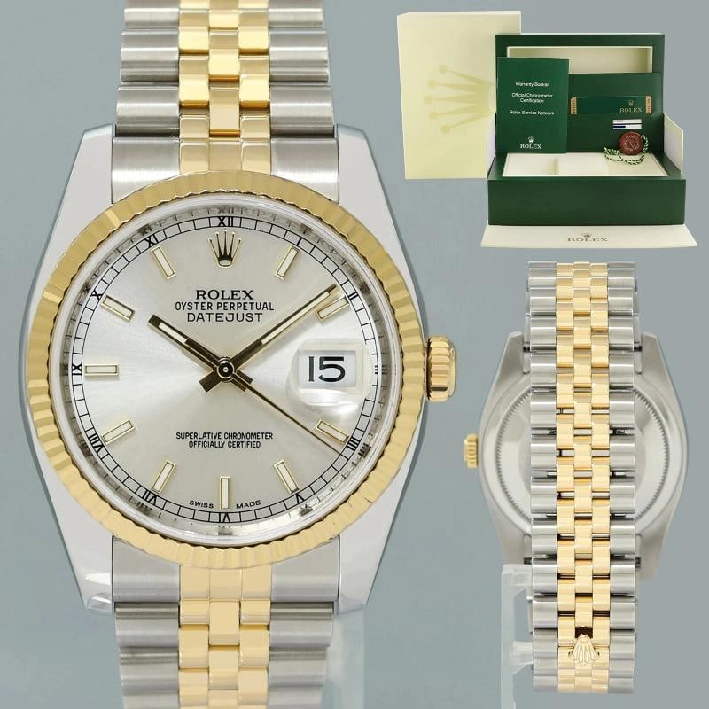 2013 PAPERS MINT Rolex 116233 DateJust Jubilee 36mm Two Tone Gold Silver Stick: Box: Yes, this item includes the Original Rolex Box. . Box: Yes, this item includes the Original Rolex Box. Case & Dial Case Material: Rolex Two-Tone Yellow Gold & Stainless Steel Case Size: 36mm Beze