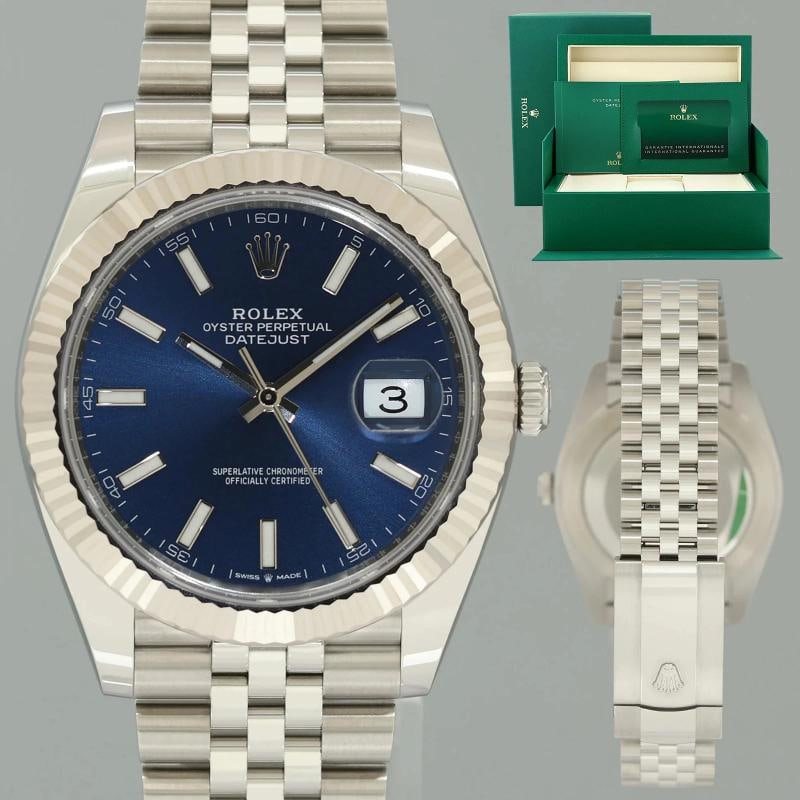 2024 NEW PAPERS Rolex DateJust 41 Blue Stick Jubilee Fluted 126334 Watch Box: Case & Dial Case Material: Rolex Stainless Steel Case Size: 41mm Bezel: Rolex White Gold Fluted Crystal: Rolex Sapphire Dial: Rolex Blue Stick Movement & Bracelet Movement: Rolex Automatic Bracelet De