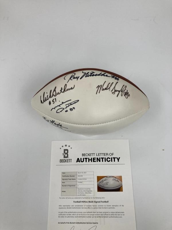 Ray Nitschke Dick Butkus Mike Ditka HOF Multi Signed Football Beckett COA: Sport: Football,Signed: Yes,Original/Reprint: Original,Autograph Authentication: Beckett Authentication Services (BAS),Product: Ball,Country of Origin: United States