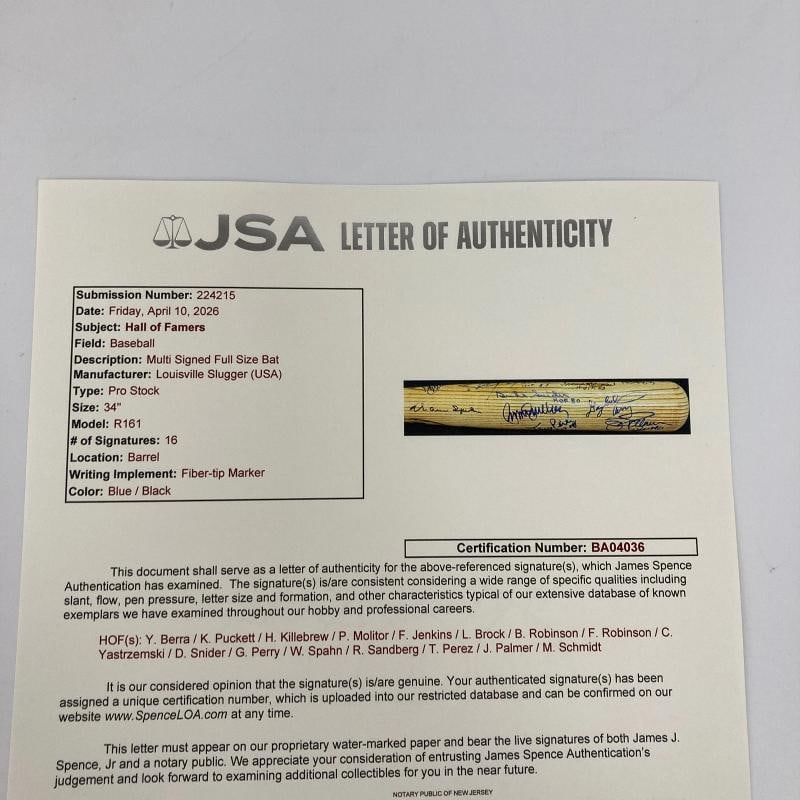 Beautiful Hall Of Fame Multi Signed Baseball Bat Kirby Puckett JSA COA - 12