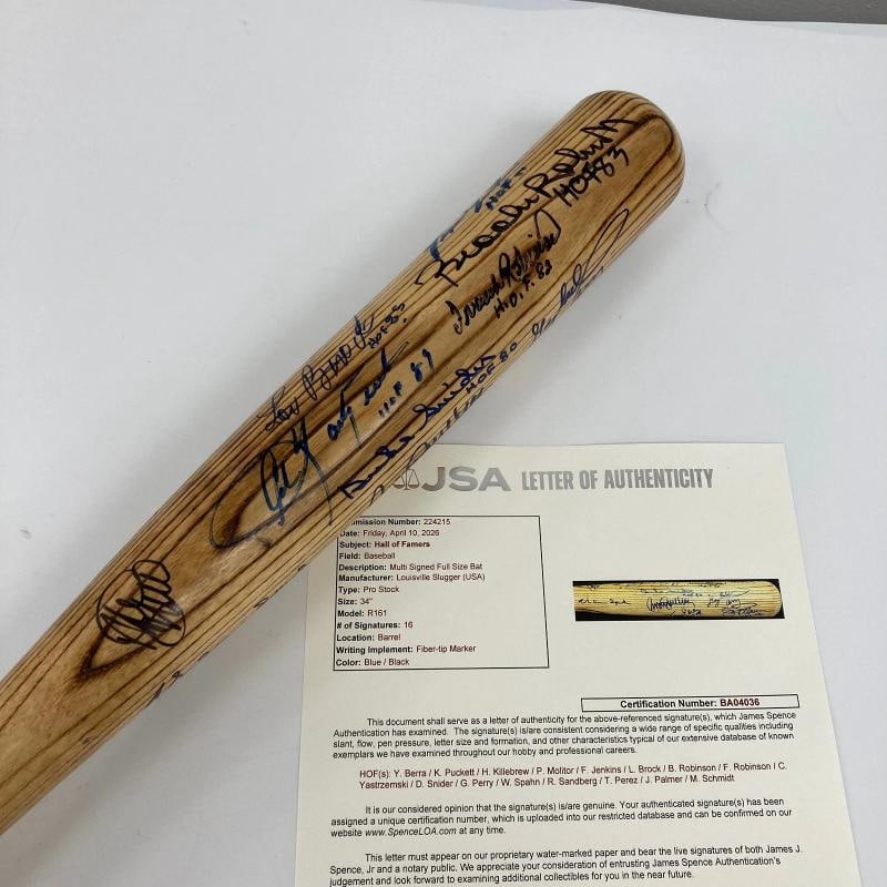 Beautiful Hall Of Fame Multi Signed Baseball Bat Kirby Puckett JSA COA: signed on the barrel by (16) Hall of Famers: Yogi Berra, Kirby Puckett, Mike Schmidt, Harmon Killebrew with "HOF 84" inscription, Paul Molitor, Lou Brock with "HOF 85" inscription, Brooks Robinson wit