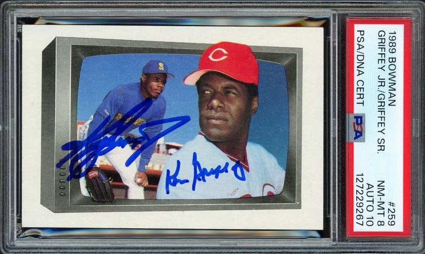 Ken Griffey Jr. & Sr. Signed 1989 Bowman RC #259 PSA 8 Auto GM 10 PSA/DNA: Condition: Graded - PSA 8: Professionally graded ,Sport: Baseball,Product: Card,Object Type: Trading Card,Player: Ken Griffey Jr. & Sr.,Player/Athlete: Ken Griffey Jr. & Sr.,Signed By: Ken Griffey