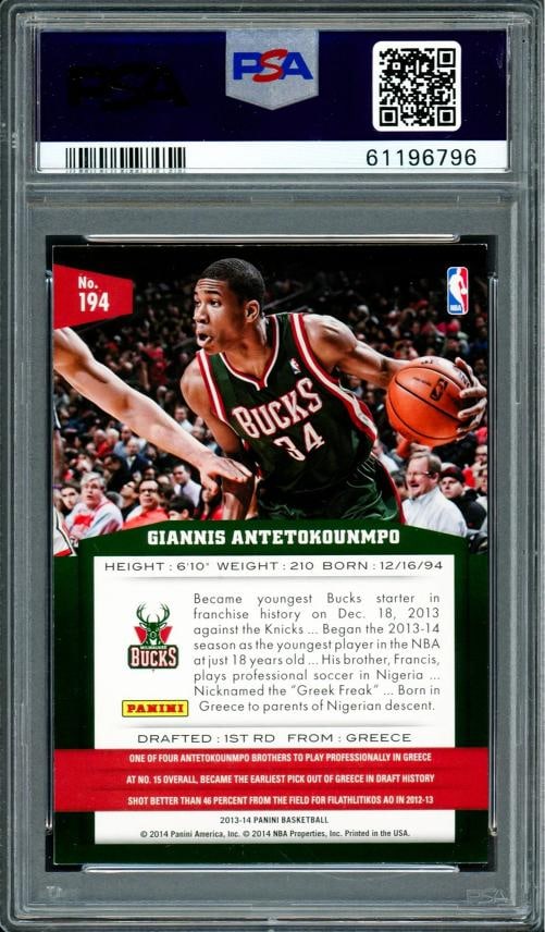 Giannis Antetokounmpo Signed 2013 Panini RC 194 Bucks Auto GM 10 PSA/DNA - 2