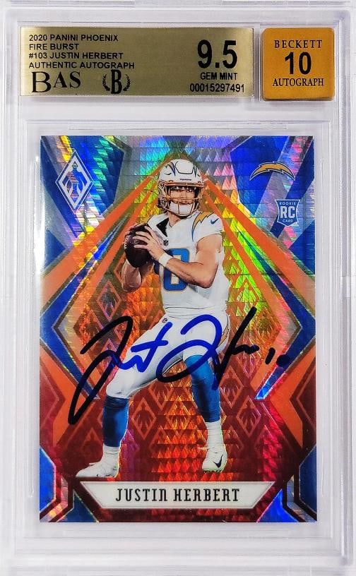 Justin Herbert Auto 2020 Panini Phoenix Fire RC 103 Chargers BGS 9.5 Sig 10: Condition: Ungraded - Very good: Not in original packaging or professionally graded ,Player/Athlete: Justin Herbert,Player: Justin Herbert,Team: Los Angeles Chargers,Sport: Football,Product: