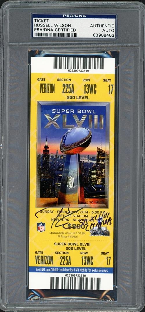 Russell Wilson Auto Super Bowl 48 Ticket Seahawks "SB XLVIII Champs" PSA/DNA: Player: Russell Wilson,Team: Seattle Seahawks,Sport: Football-NFL,Product: Ticket,Signed: Yes,Autograph Authentication: Professional Sports Authenticator (PSA),Original/Reprint: Original,Country of