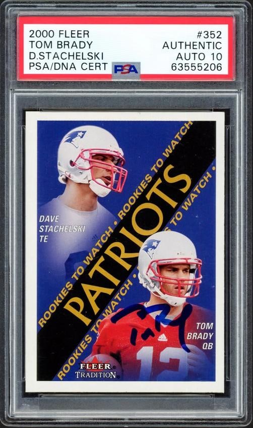 Tom Brady Signed 2000 Fleer RC 352 Patriots Auto GM 10 PSA/DNA #63555206: Condition: Ungraded - Very good: Not in original packaging or professionally graded ,Player/Athlete: Tom Brady,Player: Tom Brady,Team: New England Patriots,Sport: Football,Product: Card,Autographed: