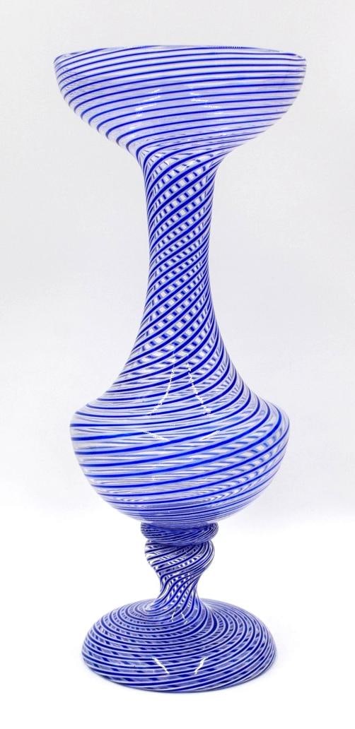 Saint Louis France Art Glass Vase Blue and White Strip on a Clear Glass Vase: Measures 11 3/4" high by 4 1/2" wide.. Condition: Used,Brand: Saint-Louis,Type: Vase,Material: Glass,Production Style: Art Glass,Country of Origin: France