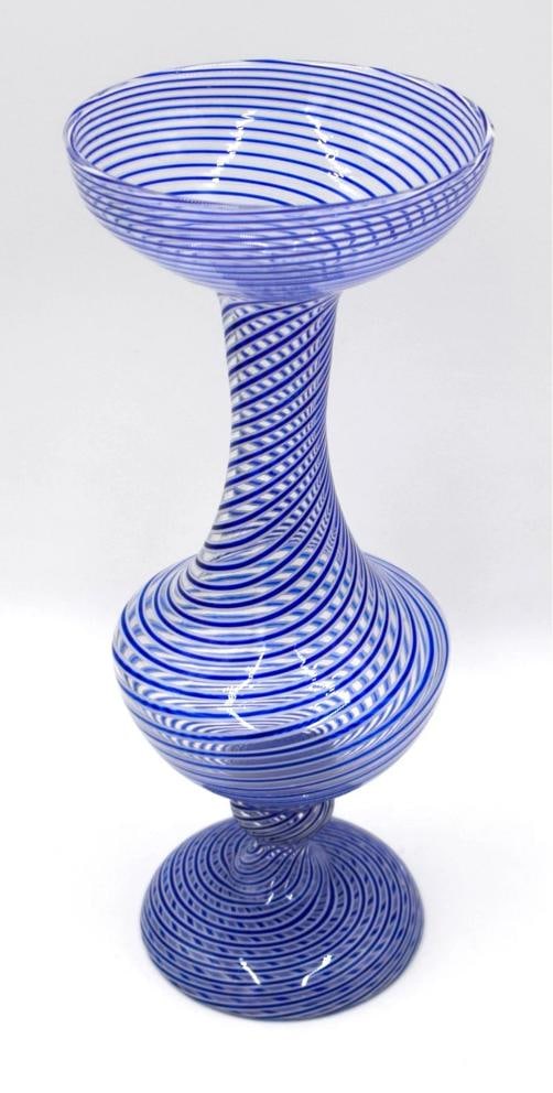 Saint Louis France Art Glass Vase Blue and White Strip on a Clear Glass Vase - 2
