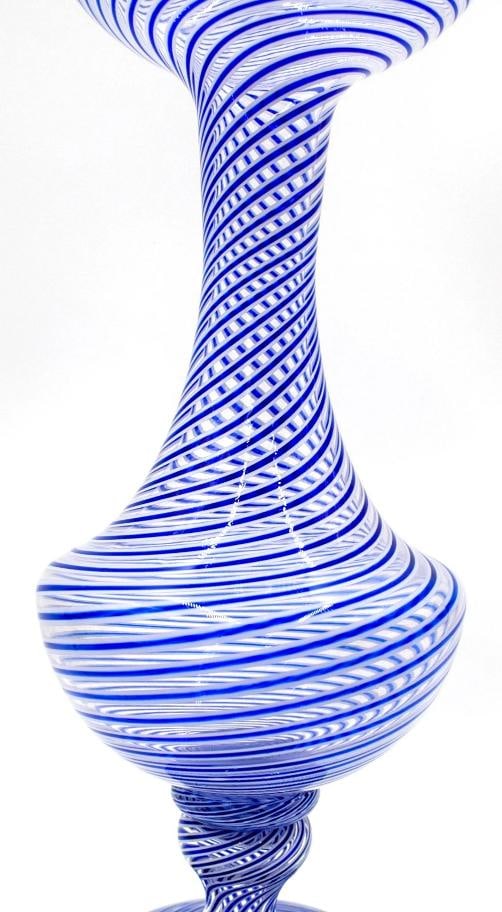 Saint Louis France Art Glass Vase Blue and White Strip on a Clear Glass Vase - 4