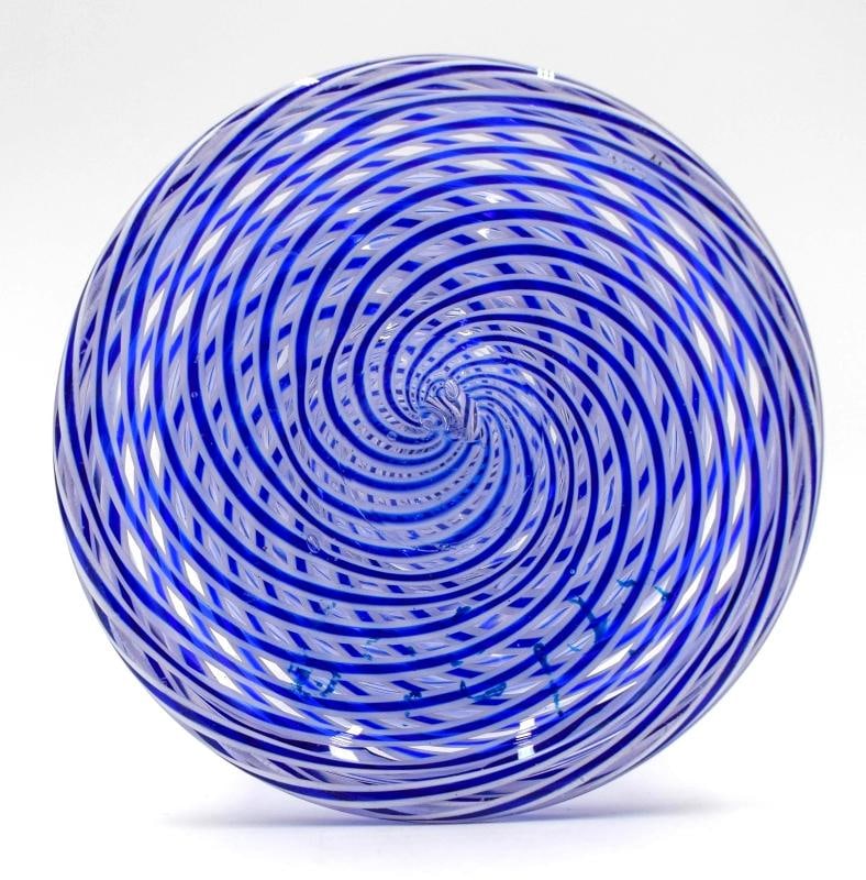 Saint Louis France Art Glass Vase Blue and White Strip on a Clear Glass Vase - 9