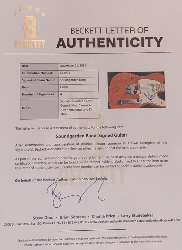 SOUNDGARDEN: Chris Cornell, Matt Cameron, Hiro Yamamoto, & Kim Thayil Signed Guitar (Beckett LOA) - 11