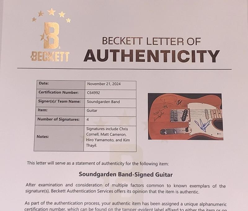 SOUNDGARDEN: Chris Cornell, Matt Cameron, Hiro Yamamoto, & Kim Thayil Signed Guitar (Beckett LOA) - 12