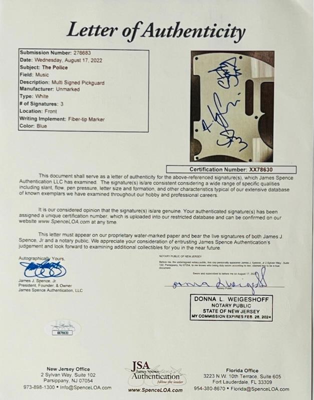 THE POLICE: STING, ANDY SUMMERS, STEWART COPELAND Signed Guitar (JSA LOA) - 3