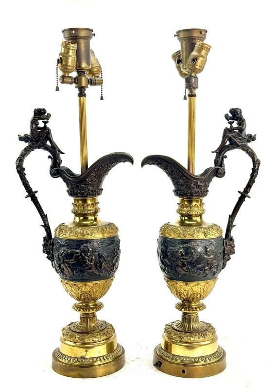 Impressive Pair c1860-1900 French Ormolu Gilt Bronze Ewer Table Lamps: Each lamp measures about 29 1/4 inches tall to the top of the socket, or about 23 inches tall to the top of the handle of the ewer. The ewers measure about 10 1/2 inches from handle to spout. . Condit