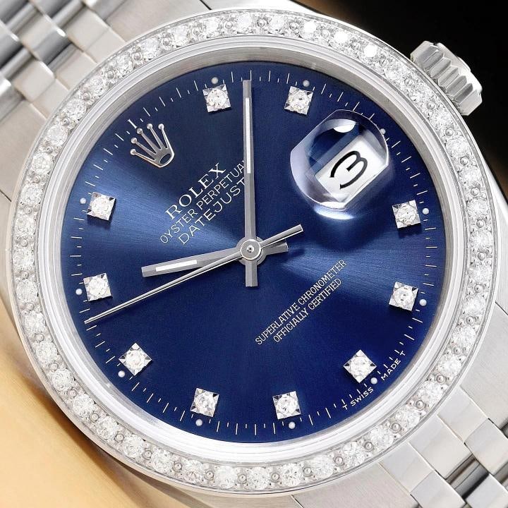 ROLEX MENS DATEJUST 16234 BLUE FACTORY DIAMOND 18K WHITE GOLD STEEL WATCH: This is an authentic Rolex Datejust 16234 watch with an original Rolex stainless steel jubilee bracelet, factory Rolex diamond dial Ref., and custom 18K white gold diamond bezel. Descriptions: Brand: 