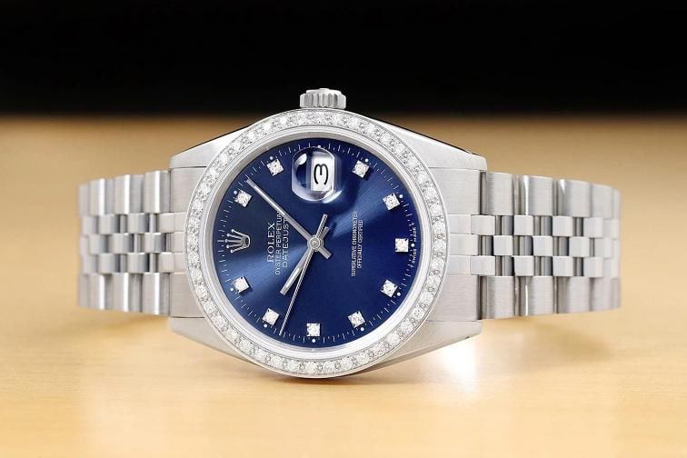ROLEX MENS DATEJUST 16234 BLUE FACTORY DIAMOND 18K WHITE GOLD STEEL WATCH - 3