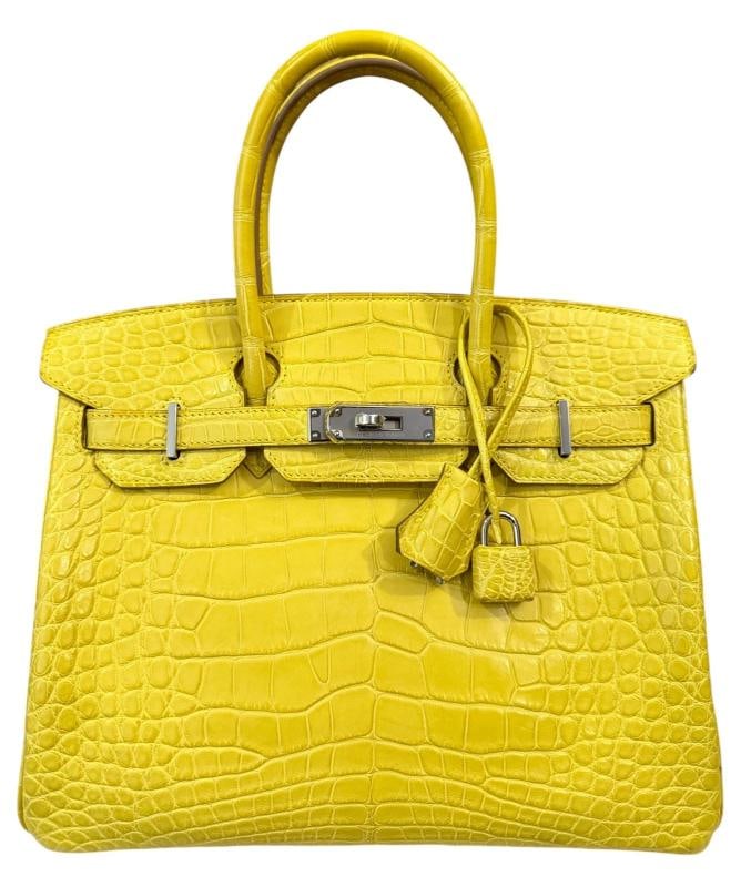 Hermes Birkin 30 Soufre Yellow Jaune Matte Alligator Leather Palladium Hardware: Bag Depth 6", Bag Height 9", Bag Width 12" . Condition: Pre-owned - Excellent,Bag Width: 12 in,Closure: Turn Lock,Handle/Strap Color: Yellow,Size: 30cm,Hardware Color: Silver,Bag Depth: 6 in,Vintage: