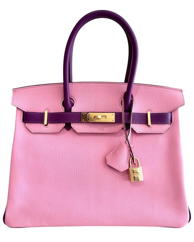 Hermes Birkin 30 Special Order Bubblegum Pink Anemone Purple Chevre Gold HWR: Bag Depth 6 in, Bag Width 12 in, Bag Height 9 in. Condition: New without tags,Bag Width: 12 in,Bag Height: 9 in,Closure: Turn Lock,Handle/Strap Color: Purple,Size: 30,Handle Style: Top Handle,Lining