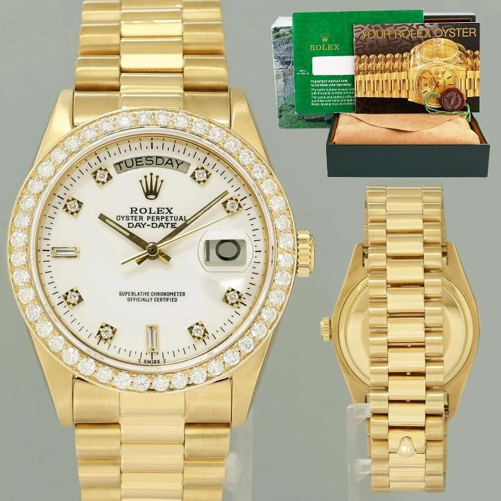 MINT Rolex President Day-Date White Diamond 18038 Quickset Yellow Gold Watch Box: Case & Dial Case Material: Rolex Yellow Gold Case Size: 36mm Bezel: Custom Yellow Gold Fluted Crystal: Rolex Sapphire Dial: Custom White Diamond Movement & Bracelet Movement: Rolex Automatic single-qu
