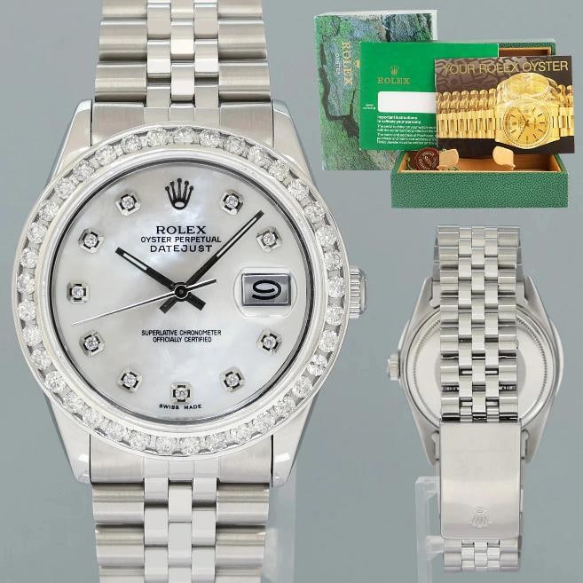 MINT Rolex DateJust 16014 Mother of Pearl Diamond Bezel Jubilee Band 36mm Watch: Case & Dial Case Material: Rolex Stainless Steel Case Size: 36mm Bezel: Custom Diamond Crystal: Rolex Sapphire Dial: Custom Mother of Pearl Movement & Bracelet Movement: Rolex Automatic Bracelet Desig