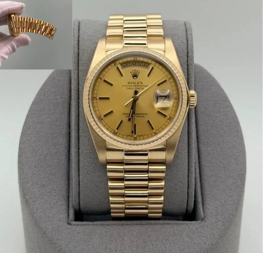 Rolex Day Date President 18038 36mm Champagne Dial Quickset 18K Yellow Gold: Condition: Pre-owned - Excellent,Bezel Color: Gold, Yellow,Movement: Mechanical (Automatic),Seller Warranty: Yes,Indices: Stick Indexes,Year Manufactured: 1980-1989,Band/Strap: Rolex