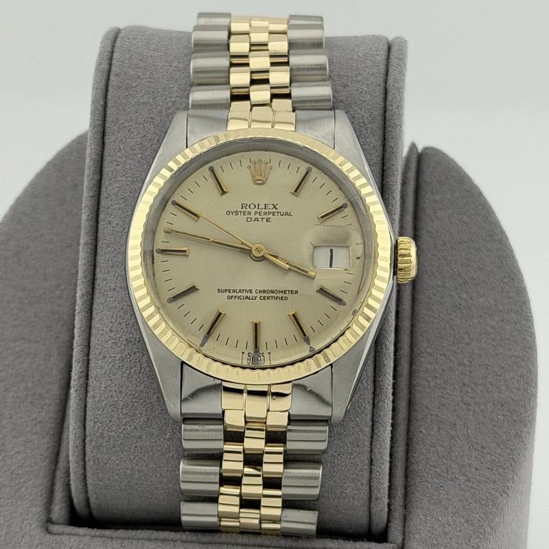 Rolex Date 1500 34mm Champagne Dial 14k Yellow Gold Stainless Steel Jubilee: Style Number: 1500 Serial: 220**** Year: 1966 Model: Rolex Date Case Material: Stainless Steel Band: 14k Yellow Gold & Stainless Steel Jubilee Bezel: 14k Yellow Gold Fluted Dial: Champagne Dial