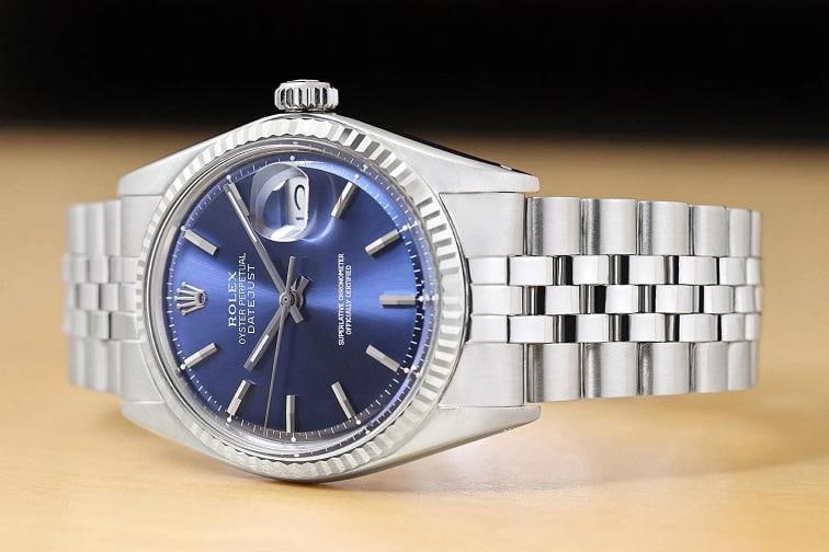 ROLEX MENS DATEJUST 1601 BLUE DIAL 18K WHITE GOLD BEZEL STAINLESS STEEL WATCH - 2
