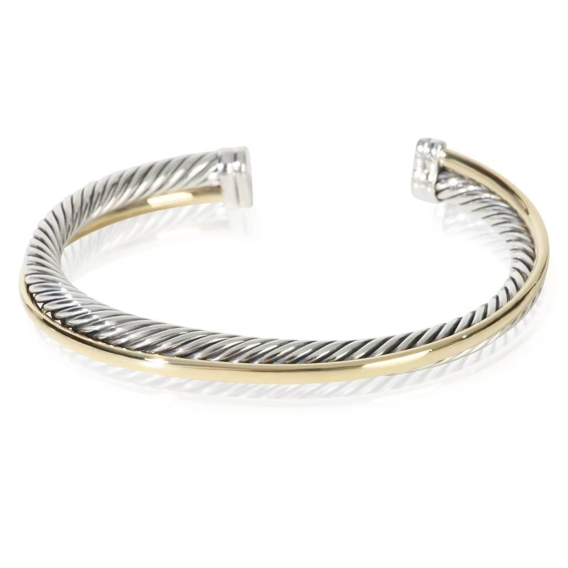 David Yurman Yellow Gold & Sterling Silver 5mm Crossover Bracelet: Condition: Pre-owned,Item Length: 6.5 in,Clasp/Buckle Type: No Clasp,Side Stone Type: No Stone,Metal Purity: 1/4 18k,With Original Box/Packaging: No,With Papers: No,Gross Weight (grams):