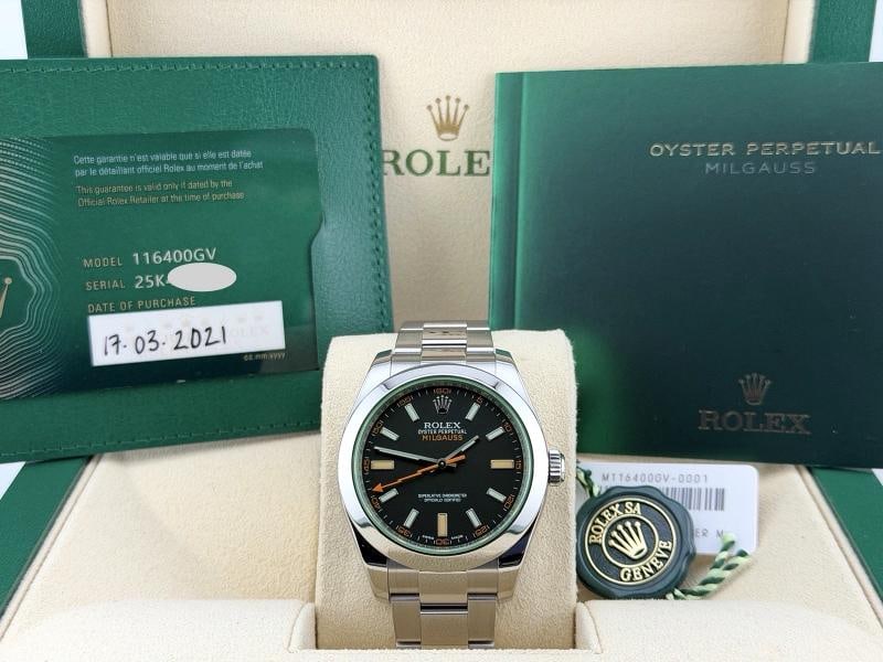 Rolex Milgauss 116400GV Green Crystal Black Dial 40mm Steel Box Papers 2021: Style Number: 116400GV Year: 2021 - Collectible with new style Rolex warranty card. Model: Rolex Milgauss Case Material: Stainless Steel Band: Stainless Steel Bezel: Stainless Steel Dial: Black