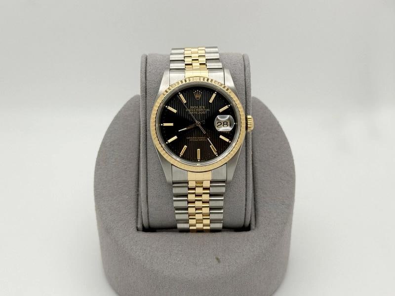 Rolex Datejust 16233 36mm Black Tapestry Dial 18k Yellow Gold Steel Box Paper - 3