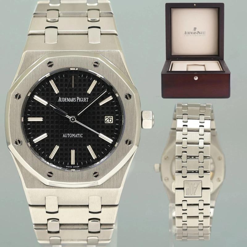 MINT Audemars Piguet Royal Oak Black 39mm Steel 15300ST Date Watch Box: Case & Dial Case Material: Audemars Piguet Stainless Steel Case Size: 39mm Bezel: Audemars Piguet Steel Crystal: Audemars Piguet Sapphire Dial: Audemars Piguet Black Movement & Bracelet Movement: Aude