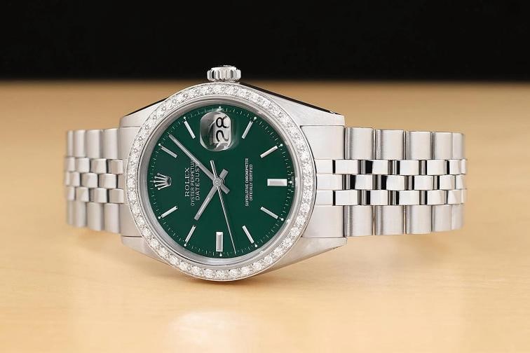 ROLEX MENS DATEJUST GREEN DIAL 18K GOLD SS DIAMOND BEZEL WATCH w/ FOLDED BAND - 2