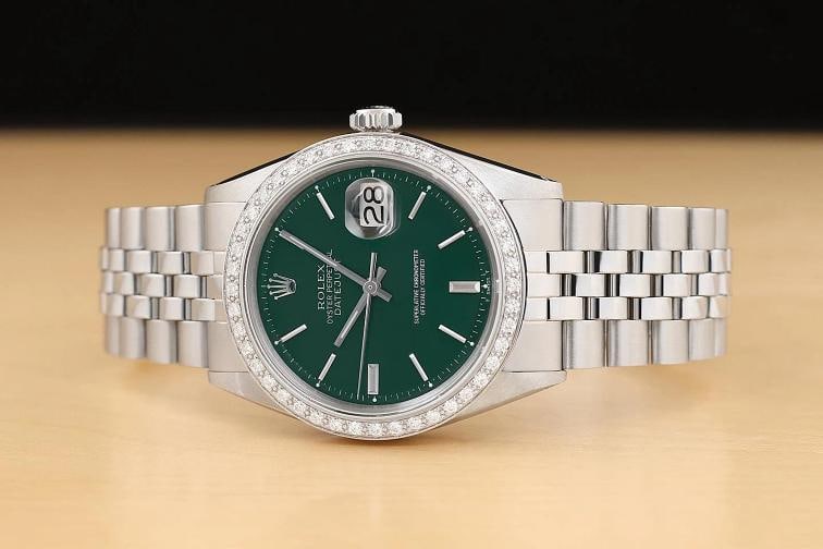 ROLEX MENS DATEJUST GREEN DIAL 18K GOLD SS DIAMOND BEZEL WATCH w/ FOLDED BAND - 3