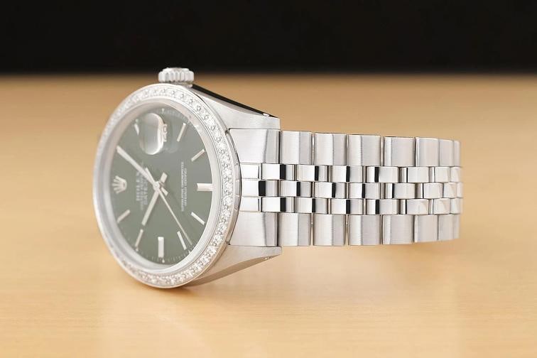 ROLEX MENS DATEJUST GREEN DIAL 18K GOLD SS DIAMOND BEZEL WATCH w/ FOLDED BAND - 4