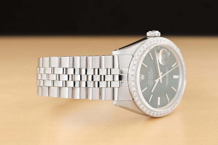 ROLEX MENS DATEJUST GREEN DIAL 18K GOLD SS DIAMOND BEZEL WATCH w/ FOLDED BAND - 7