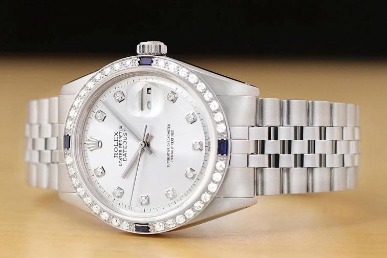 ROLEX MENS DATEJUST SILVER 18K GOLD STEEL DIAMOND SAPPHIRE WATCH w/ FOLDED BAND - 2