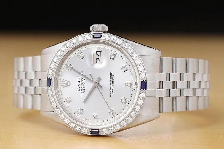 ROLEX MENS DATEJUST SILVER 18K GOLD STEEL DIAMOND SAPPHIRE WATCH w/ FOLDED BAND - 3
