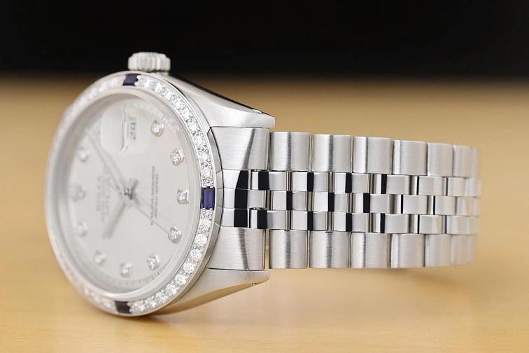 ROLEX MENS DATEJUST SILVER 18K GOLD STEEL DIAMOND SAPPHIRE WATCH w/ FOLDED BAND - 4
