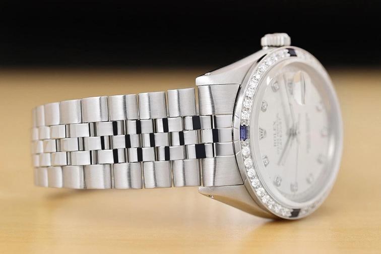 ROLEX MENS DATEJUST SILVER 18K GOLD STEEL DIAMOND SAPPHIRE WATCH w/ FOLDED BAND - 7