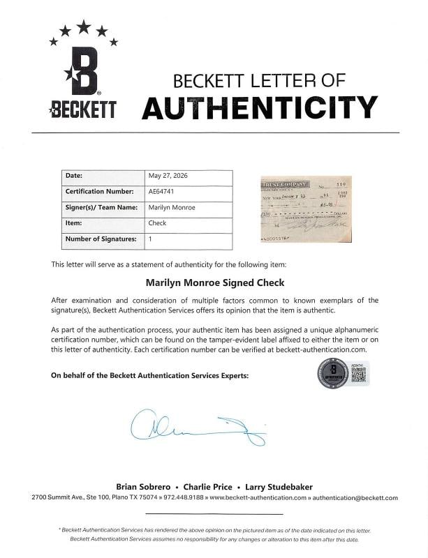 Marilyn Monroe Authentic Signed & Framed 1961 3x8.5 MMP Check BAS #AE64741 - 3