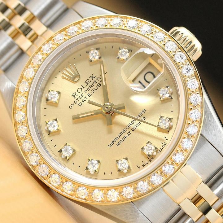 LADIES ROLEX DATEJUST 69173 FACTORY DIAMOND CHAMPAGNE DIAL 18K GOLD SS WATCH: Condition: Pre-owned - Excellent,Bezel Color: Gold,Max Wrist Size: 6.26-6.75 in,Number of Jewels: 29 Jewels,Indices: Diamond Markers, 12-Hour Dial, Seconds Hand,Band: Rolex Two-Tone Jubilee