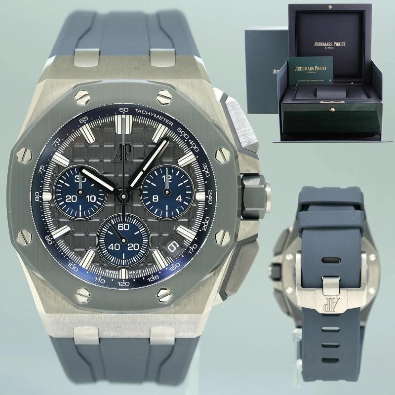 NEW PAPERS Audemars Piguet Royal Oak Titanium Grey Blue 26420IO 43mm Chrono: Case & Dial Case Material: Audemars Piguet Titanium Case Size: 43mm Bezel: Audemars Piguet Ceramic Crystal: Audemars Piguet Sapphire Dial: Audemars Piguet Grey Movement & Bracelet Movement: Audemars